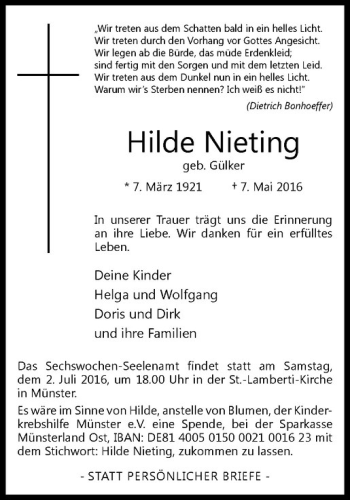 Anzeige von Hilde Nieting von Westfälische Nachrichten