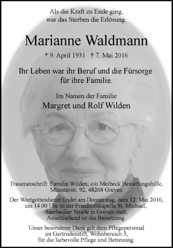 Anzeige von Marianne Waldmann von Westfälische Nachrichten