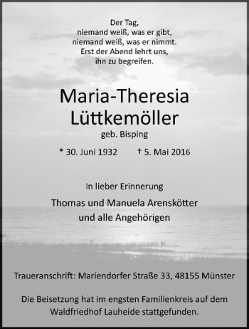 Anzeige von Marie-Theresia Lüttkemöller von Westfälische Nachrichten