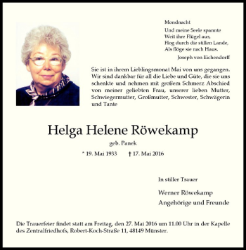 Anzeige von Helga Helene Röwekamp von Westfälische Nachrichten