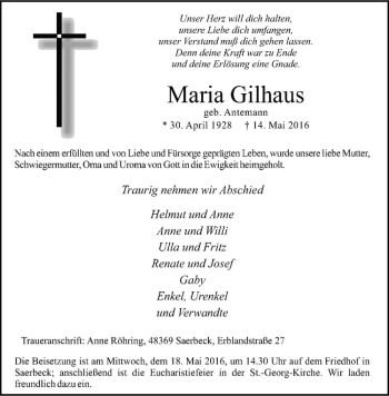 Anzeige von Maria Gilhaus von Westfälische Nachrichten