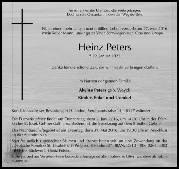 Anzeige von Heinz Peters von Westfälische Nachrichten