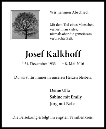 Anzeige von Josef Kalkhoff von Westfälische Nachrichten