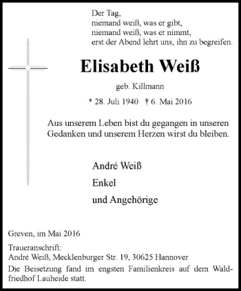Anzeige von Elisabeth Weiß von Westfälische Nachrichten