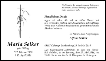 Anzeige von Maria Selker von Westfälische Nachrichten