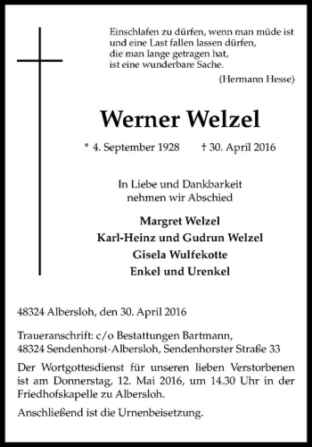 Anzeige von Werner Welzel von Westfälische Nachrichten