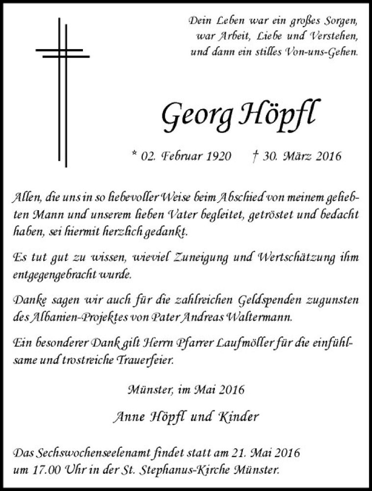  Traueranzeige für Georg Höphl vom 18.05.2016 aus Westfälische Nachrichten