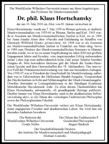 Anzeige von Klaus Hortschansky von Westfälische Nachrichten