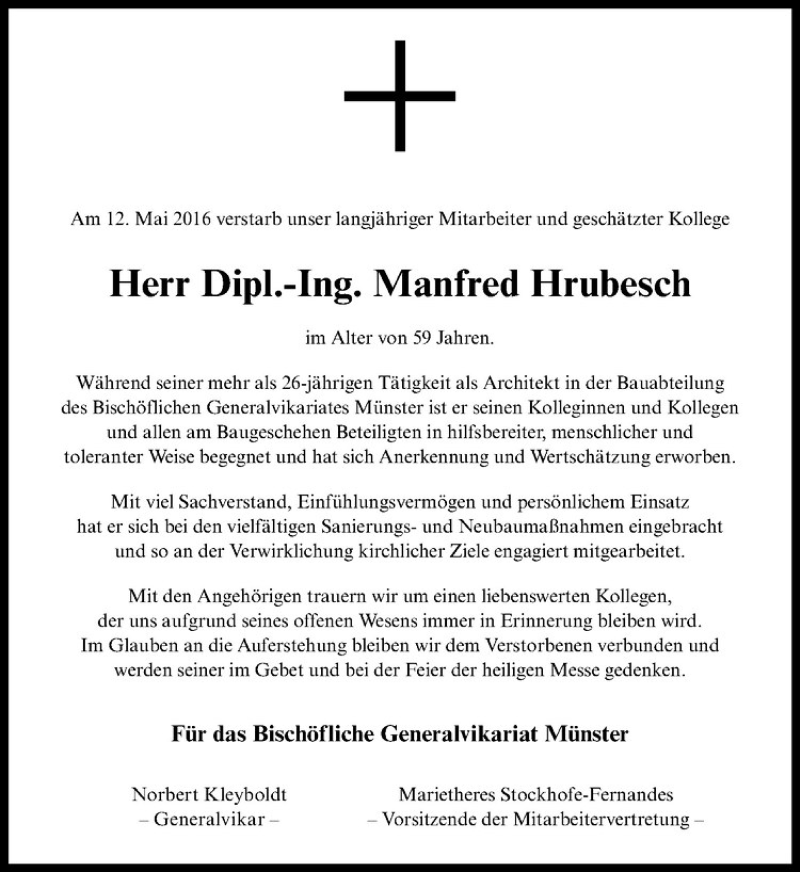  Traueranzeige für Manfred Hrubesch vom 21.05.2016 aus Westfälische Nachrichten