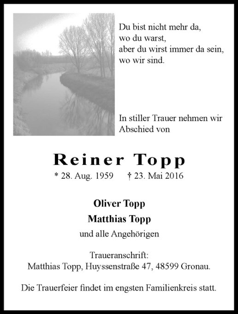  Traueranzeige für Reiner Topp vom 28.05.2016 aus Westfälische Nachrichten