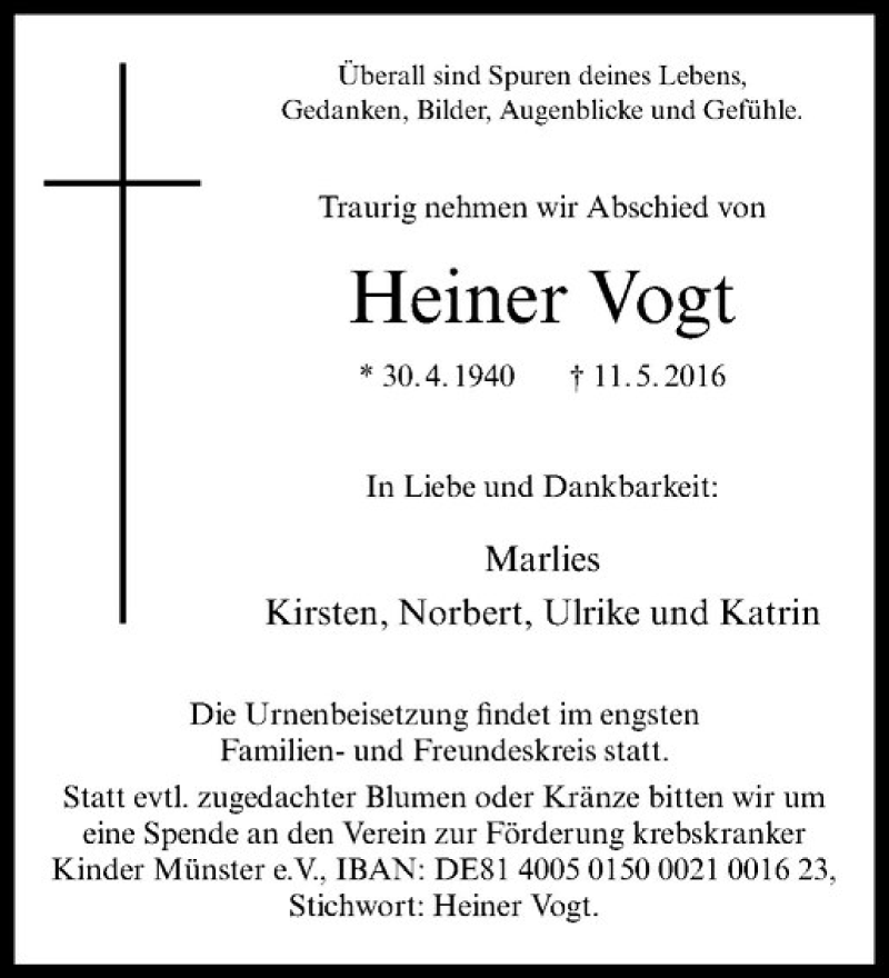  Traueranzeige für Heiner Vogt vom 17.05.2016 aus Westfälische Nachrichten