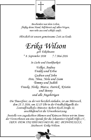 Anzeige von Erika Wilson von Westfälische Nachrichten