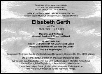 Anzeige von Elisabeth Gerth von Westfälische Nachrichten