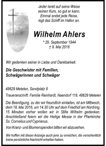 Anzeige von Wilhelm Ahlers von Westfälische Nachrichten
