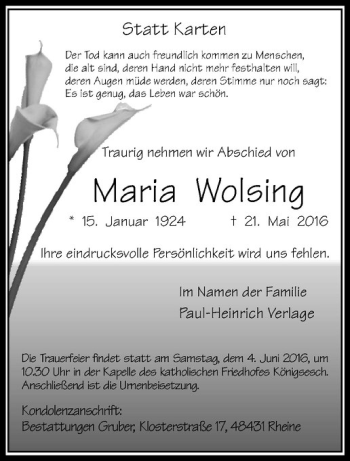 Anzeige von Maria Wolsing von Westfälische Nachrichten