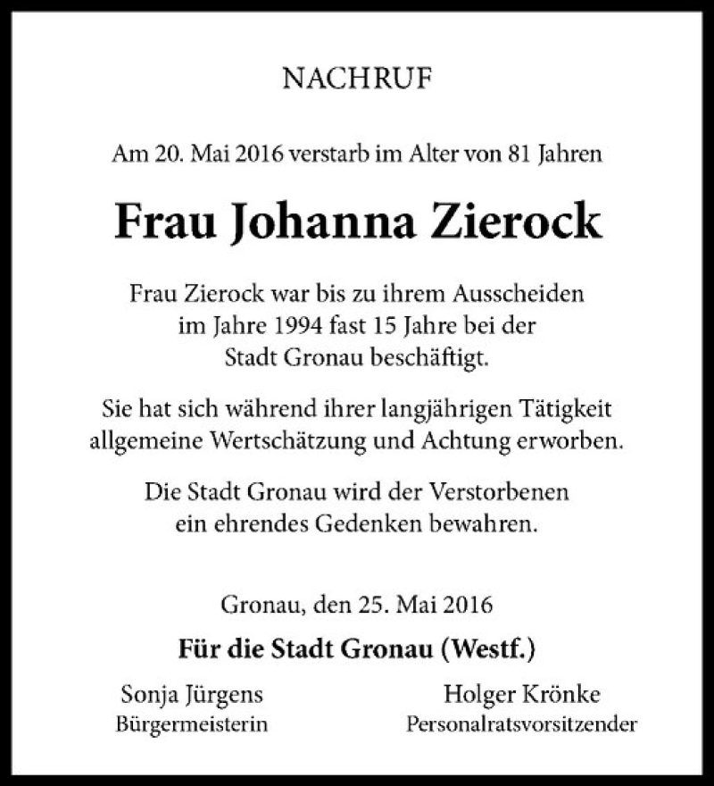  Traueranzeige für Johanna Zierock vom 28.05.2016 aus Westfälische Nachrichten