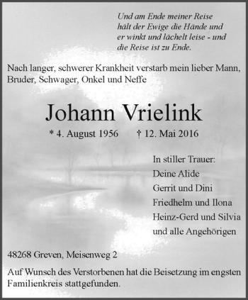 Anzeige von Johann Vrielink von Westfälische Nachrichten
