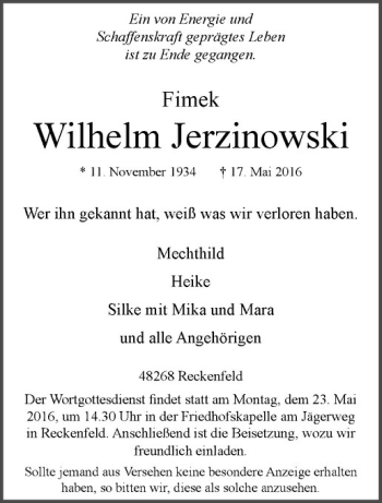 Anzeige von Wilhelm Jerzinowski von Westfälische Nachrichten