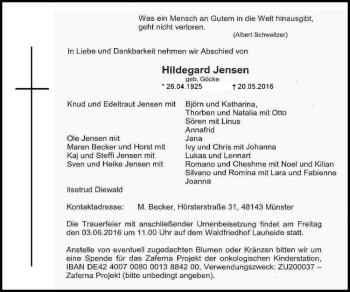Anzeige von Hildegard Jensen von Westfälische Nachrichten