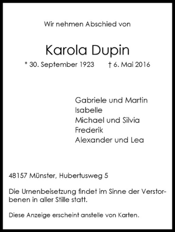 Anzeige von Karola Dupin von Westfälische Nachrichten