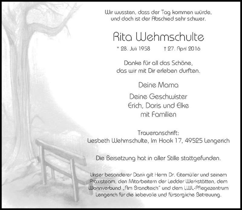  Traueranzeige für Rita Wehmschulte vom 04.05.2016 aus Westfälische Nachrichten