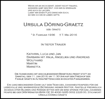 Anzeige von Ursula Döring-Graetz von Westfälische Nachrichten