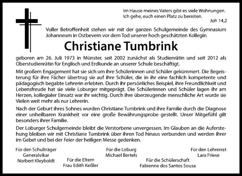  Traueranzeige für Christiane Tumbrink vom 13.05.2016 aus Westfälische Nachrichten