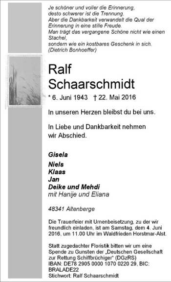 Anzeige von Ralf Schaarschmidt von Westfälische Nachrichten