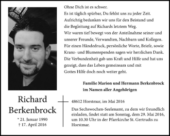 Anzeige von Richard Berkenbrock von Westfälische Nachrichten