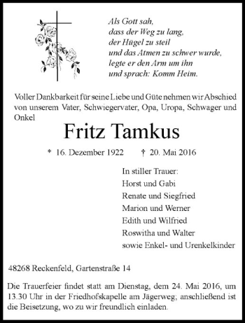 Anzeige von Fritz Tamkus von Westfälische Nachrichten