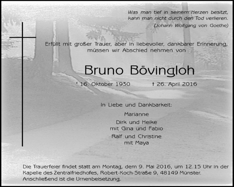  Traueranzeige für Bruno Bövingloh vom 04.05.2016 aus Westfälische Nachrichten