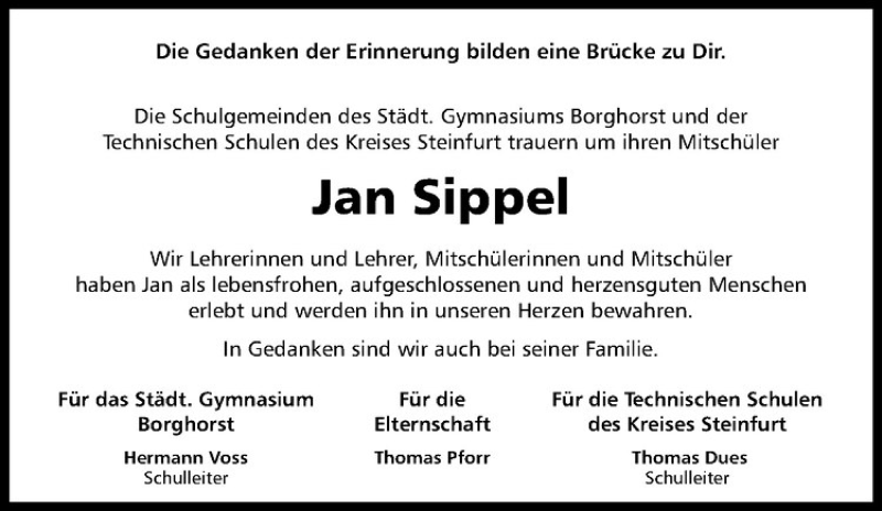  Traueranzeige für Jan Sippel vom 24.05.2016 aus Westfälische Nachrichten