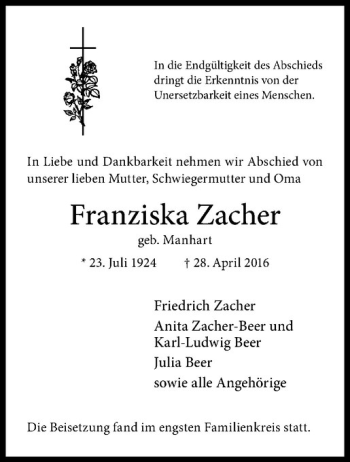 Anzeige von Franziska Zacher von Westfälische Nachrichten