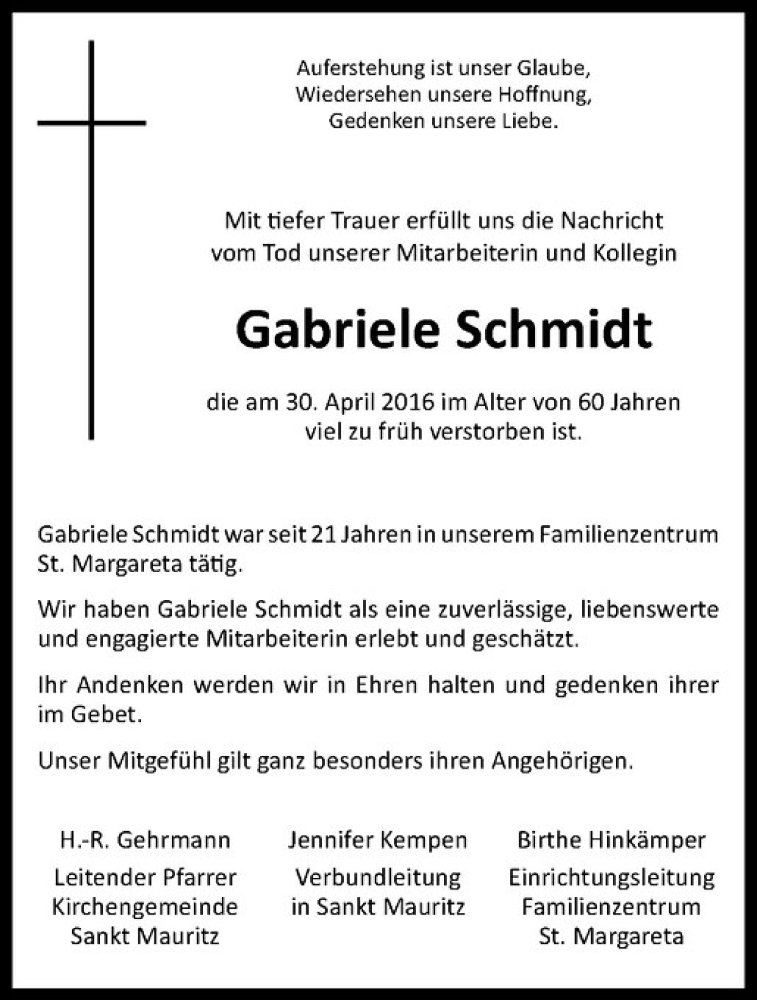  Traueranzeige für Gabriele Schmidt vom 07.05.2016 aus Westfälische Nachrichten