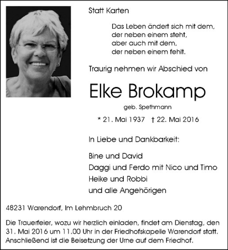  Traueranzeige für Elke Brokamp vom 26.05.2016 aus Westfälische Nachrichten