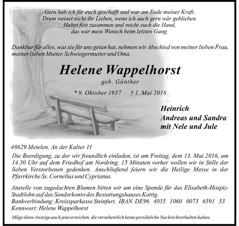  Traueranzeige für Helene Wappelhorst vom 10.05.2016 aus Westfälische Nachrichten