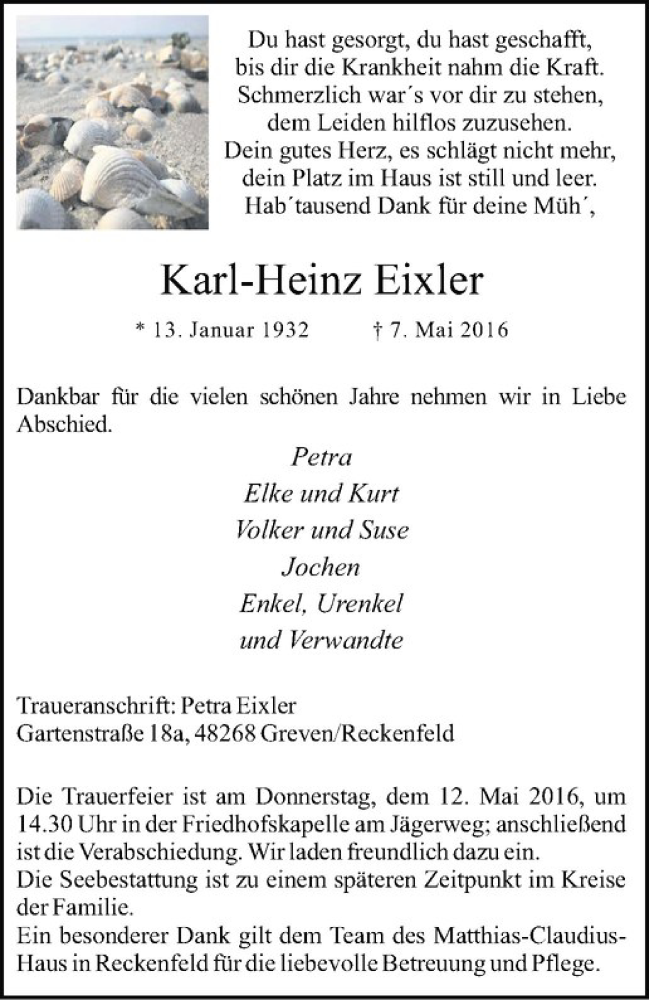  Traueranzeige für Karl-Heinz Eixler vom 10.05.2016 aus Westfälische Nachrichten