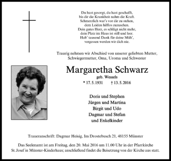 Anzeige von Margaretha Schwarz von Westfälische Nachrichten