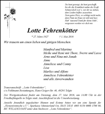 Anzeige von Lotte Fehrenkötter von Westfälische Nachrichten