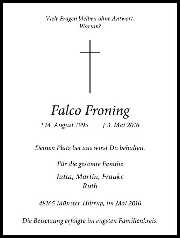  Traueranzeige für Falco Froning vom 14.05.2016 aus Westfälische Nachrichten