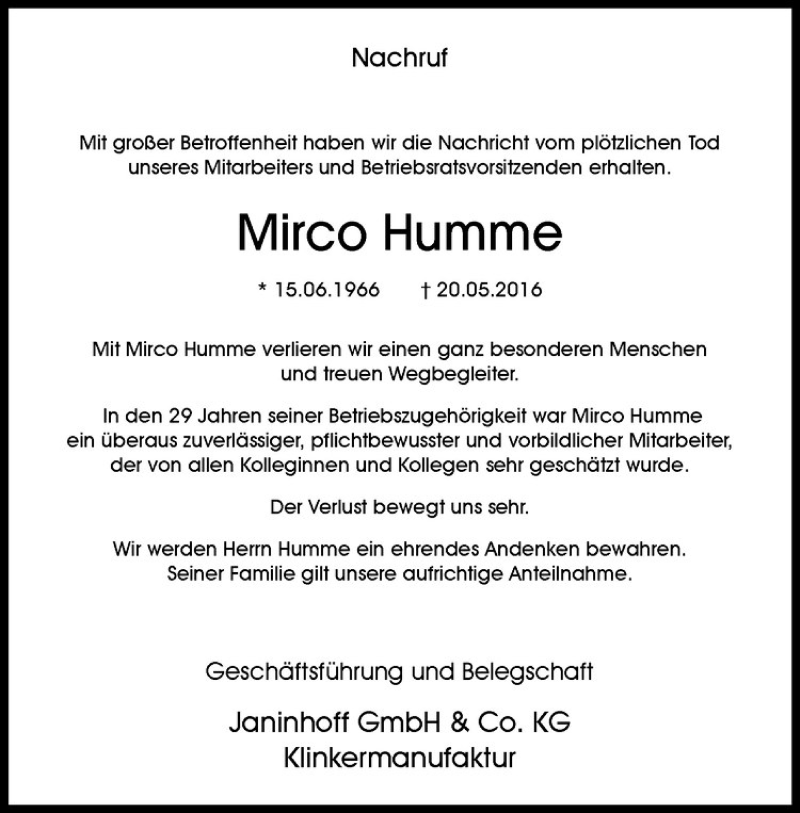  Traueranzeige für Mirko Humme vom 25.05.2016 aus Westfälische Nachrichten