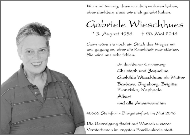  Traueranzeige für Gabriele Wieschhues vom 26.05.2016 aus Westfälische Nachrichten