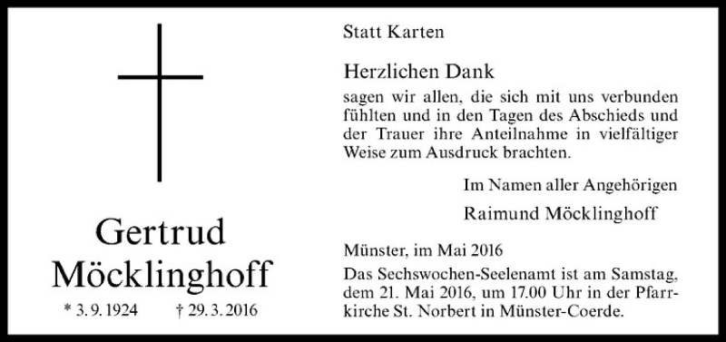  Traueranzeige für Gertrud Möcklinghoff vom 14.05.2016 aus Westfälische Nachrichten