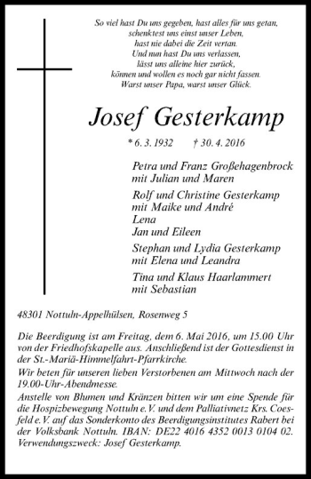 Anzeige von Josef Gesterkamp von Westfälische Nachrichten