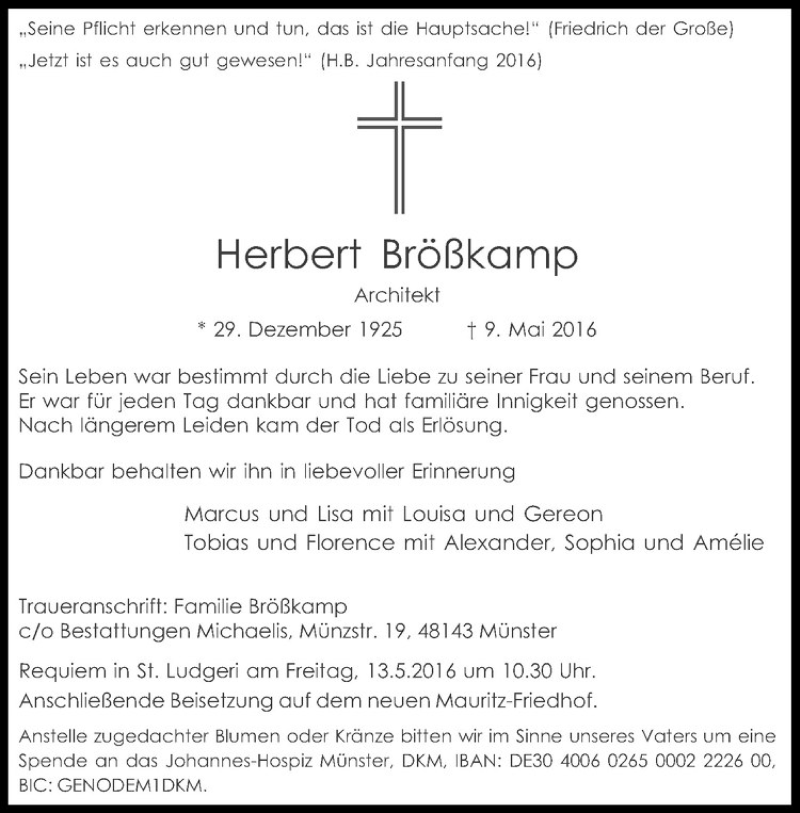  Traueranzeige für Herbert Brößkamp vom 12.05.2016 aus Westfälische Nachrichten