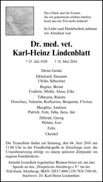 Anzeige von Karl-Heinz Lindenblatt von Westfälische Nachrichten