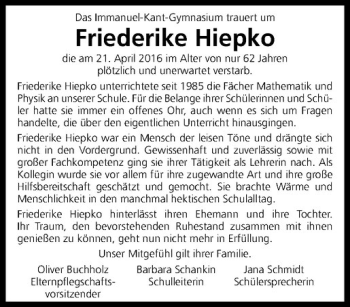 Anzeige von Friederike Hiepko von Westfälische Nachrichten