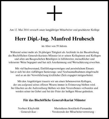 Anzeige von Manfred Hrubesch von Westfälische Nachrichten