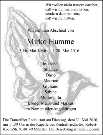Anzeige von Mirko Humme von Westfälische Nachrichten
