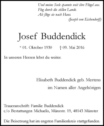 Anzeige von Josef Buddendick von Westfälische Nachrichten
